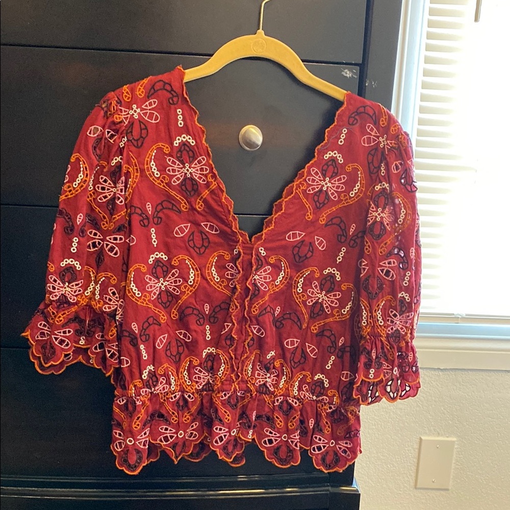 Anthropologie Embroidered Maroon Women's Top